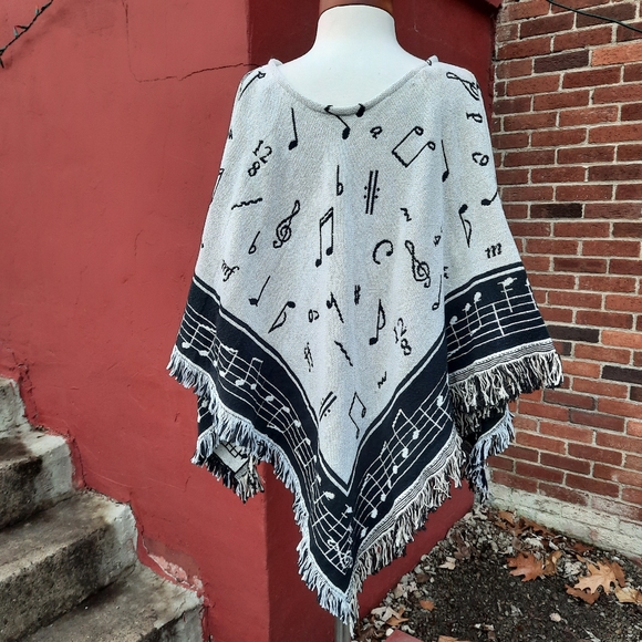 Vintage 90's Tapestry Blanket Throw Coat Poncho Cape Music Notes Fringe Novelty - Picture 8 of 13